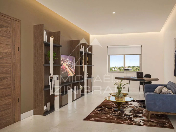 Intérieur d'un penthouse moderne avec salon, bureau et décoration élégante à Pereybere.