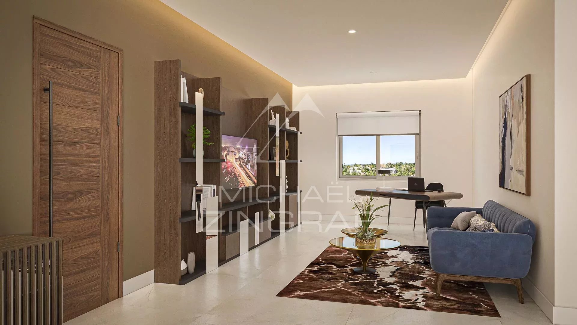 Intérieur d'un penthouse moderne avec salon, bureau et décoration élégante à Pereybere.