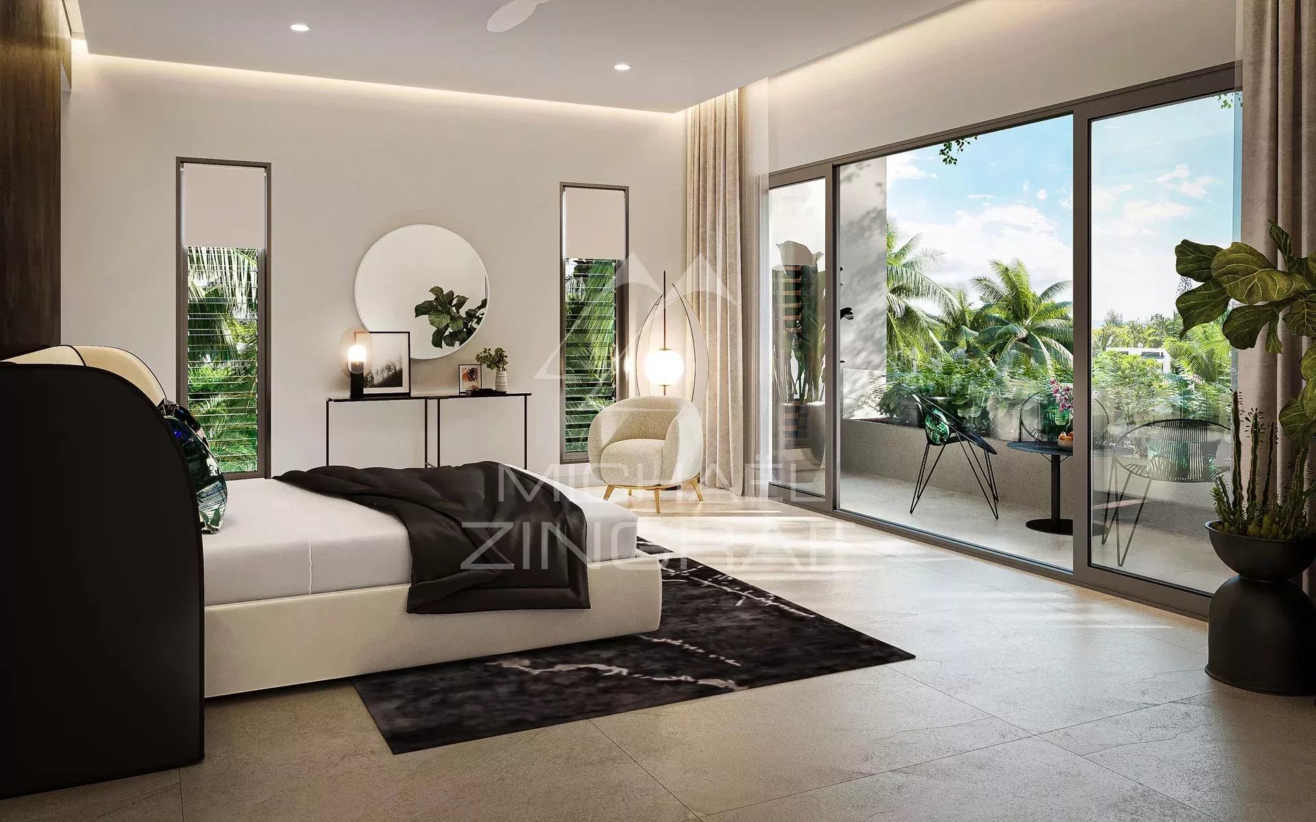 Chambre moderne avec accès à un balcon et vue sur la végétation à Pereybere.