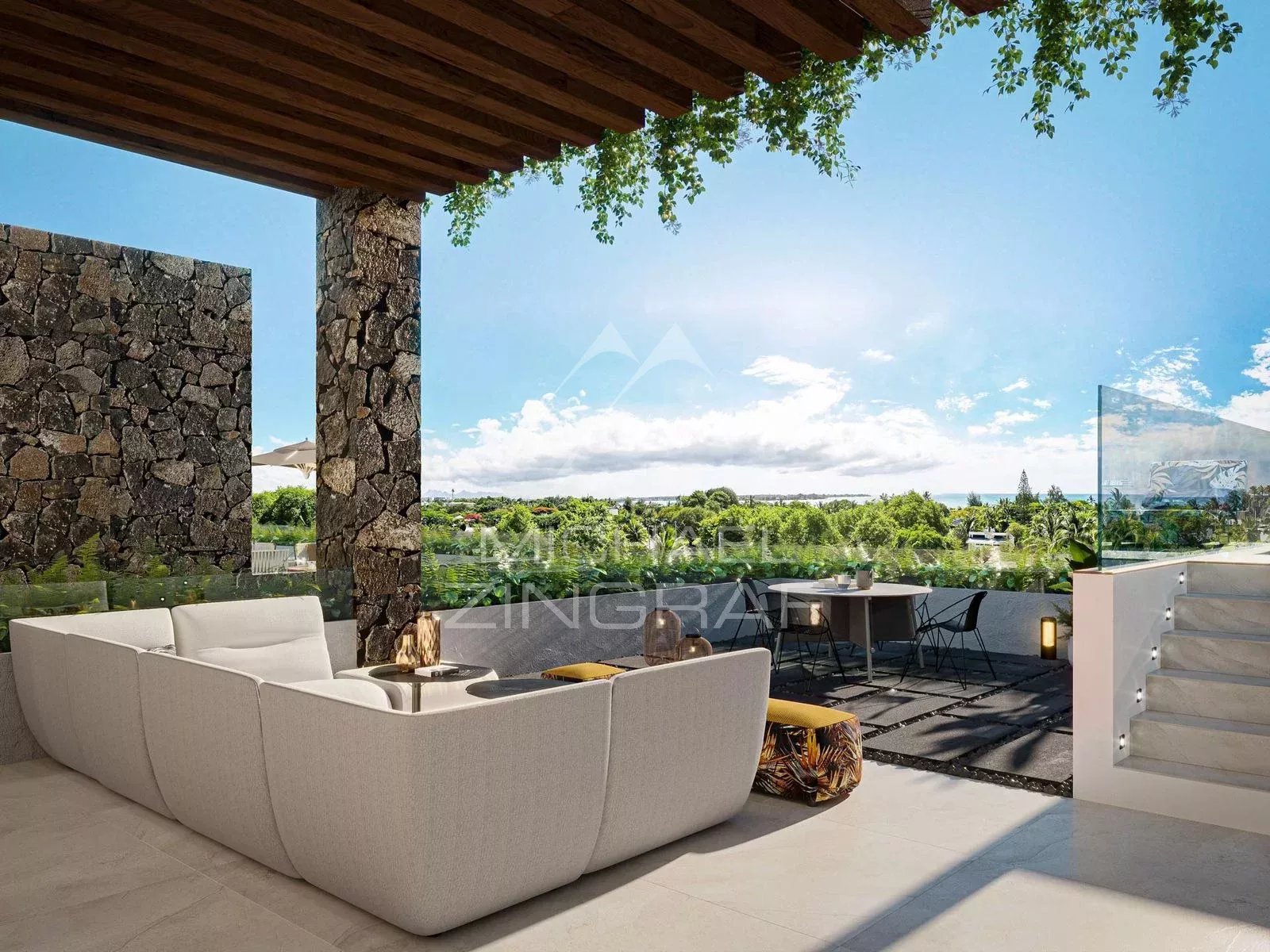 Terrasse d'un penthouse moderne avec mobilier contemporain et vue dégagée sur le ciel à Pereybere.