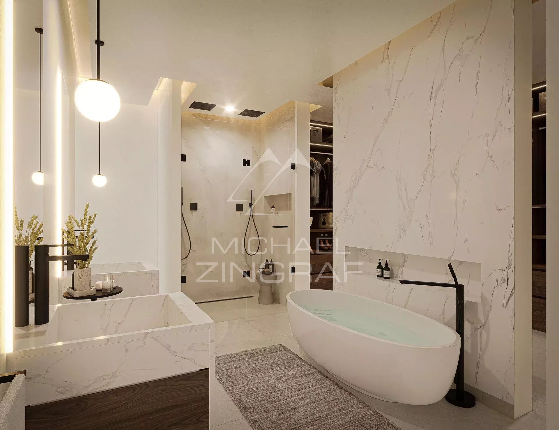 Salle de bain moderne avec baignoire et douche dans un penthouse à Pereybere.