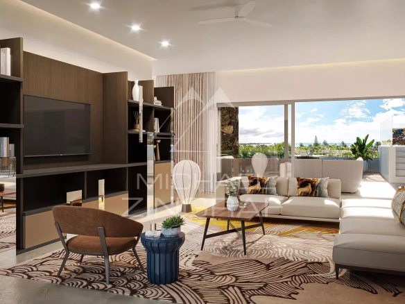 Intérieur d'un penthouse moderne avec salon lumineux et vue sur la mer à Pereybère.