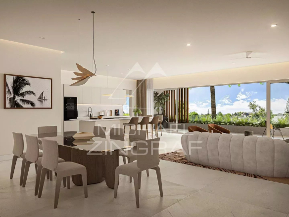 Intérieur moderne d'un penthouse à Pereybere avec salon, salle à manger et grandes fenêtres.