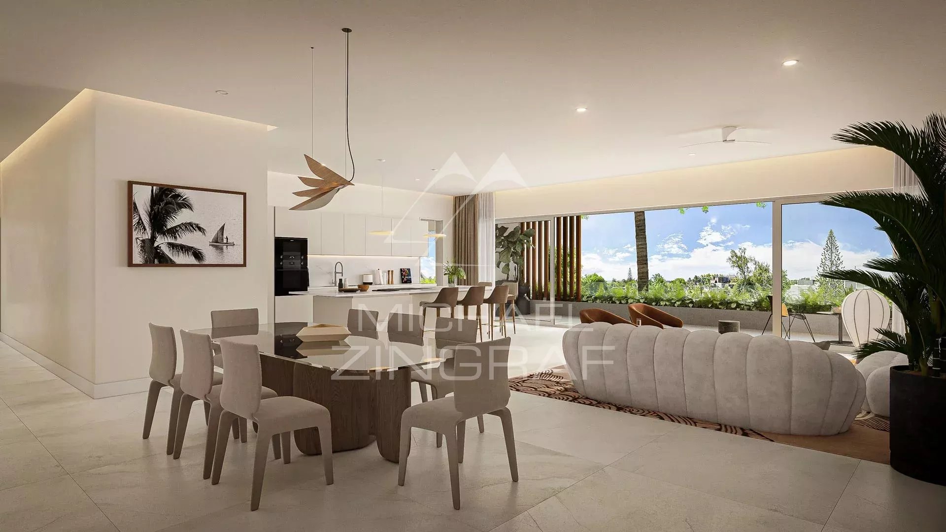 Intérieur moderne d'un penthouse à Pereybere avec salon, salle à manger et grandes fenêtres.