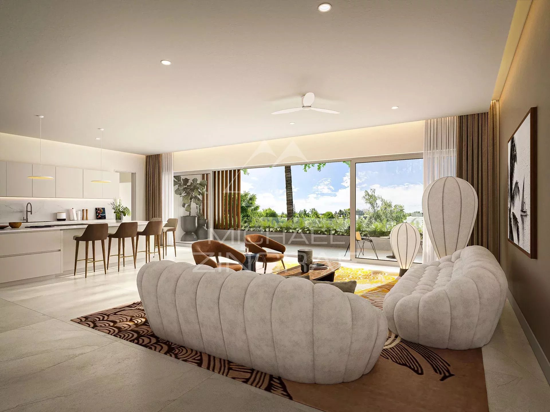 Intérieur d'un penthouse moderne avec vue sur la mer à Pereybere, salon spacieux et cuisine ouverte.