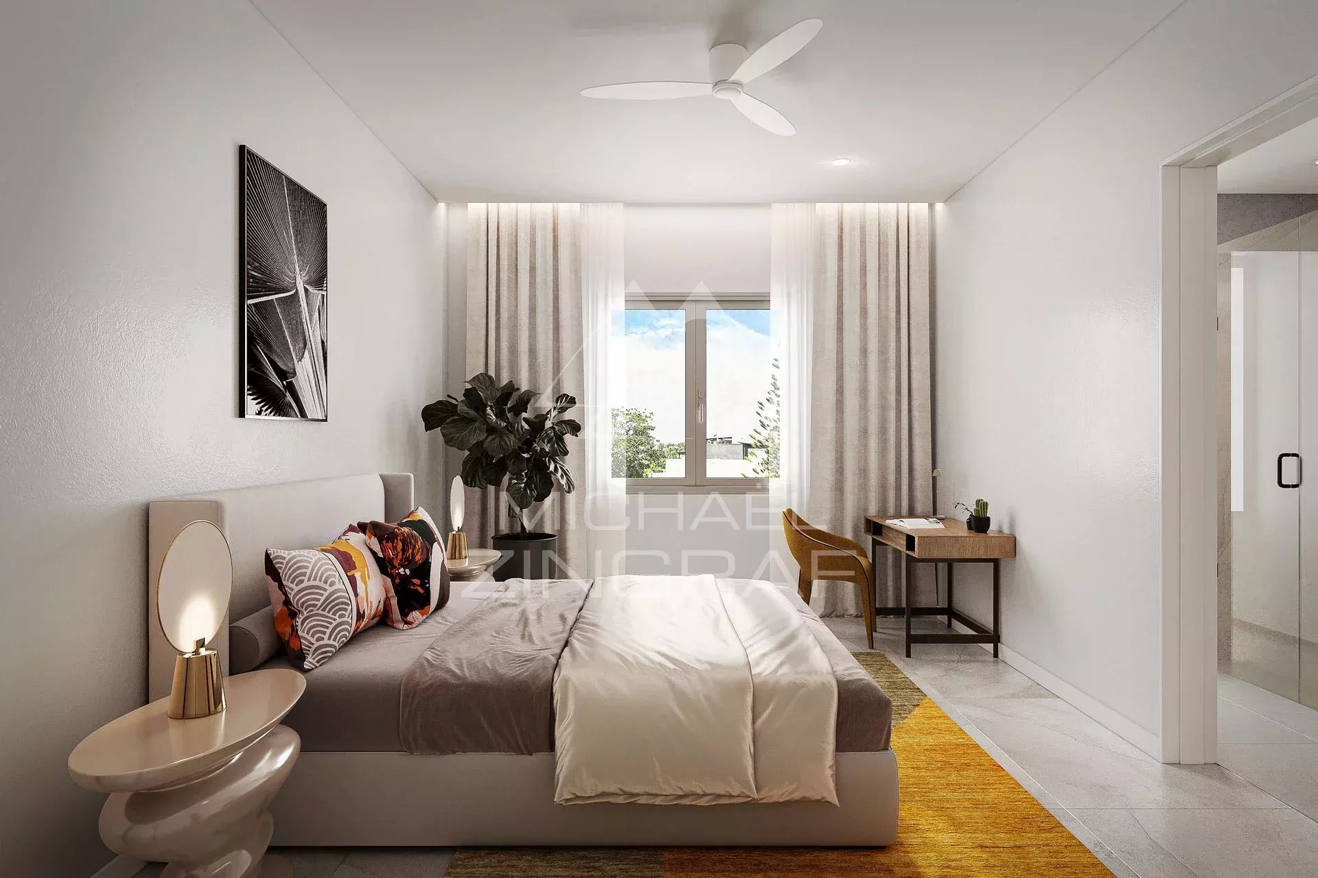 Chambre d'un penthouse moderne avec vue sur la mer à Pereybere, décorée avec un lit et des éléments contemporains.