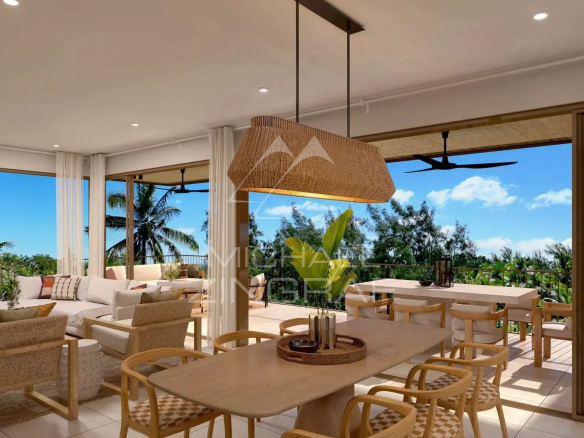 Intérieur d'un penthouse moderne avec vue sur la nature à Anse La Raie, Île Maurice.