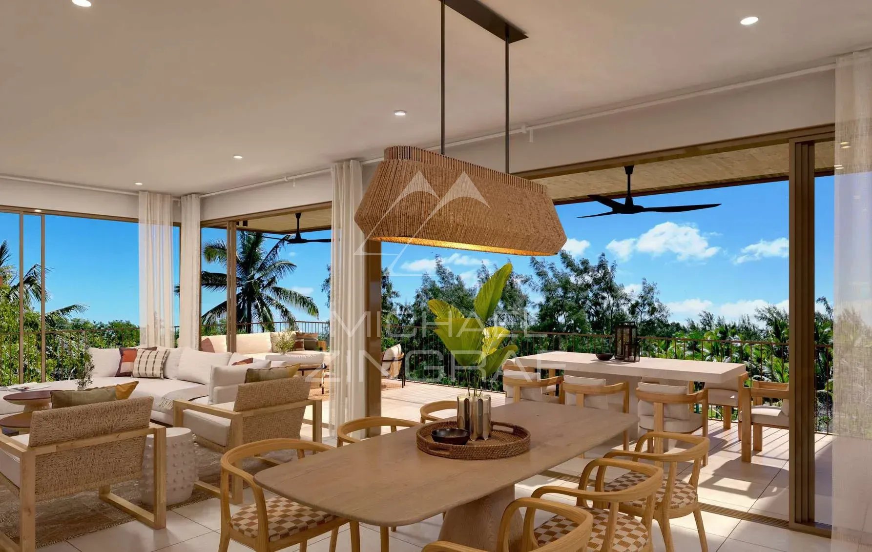 Intérieur d'un penthouse moderne avec vue sur la nature à Anse La Raie, Île Maurice.