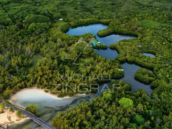 Vue aérienne d'un parc naturel avec des zones boisées et des étangs à Anse La Raie, Île Maurice.