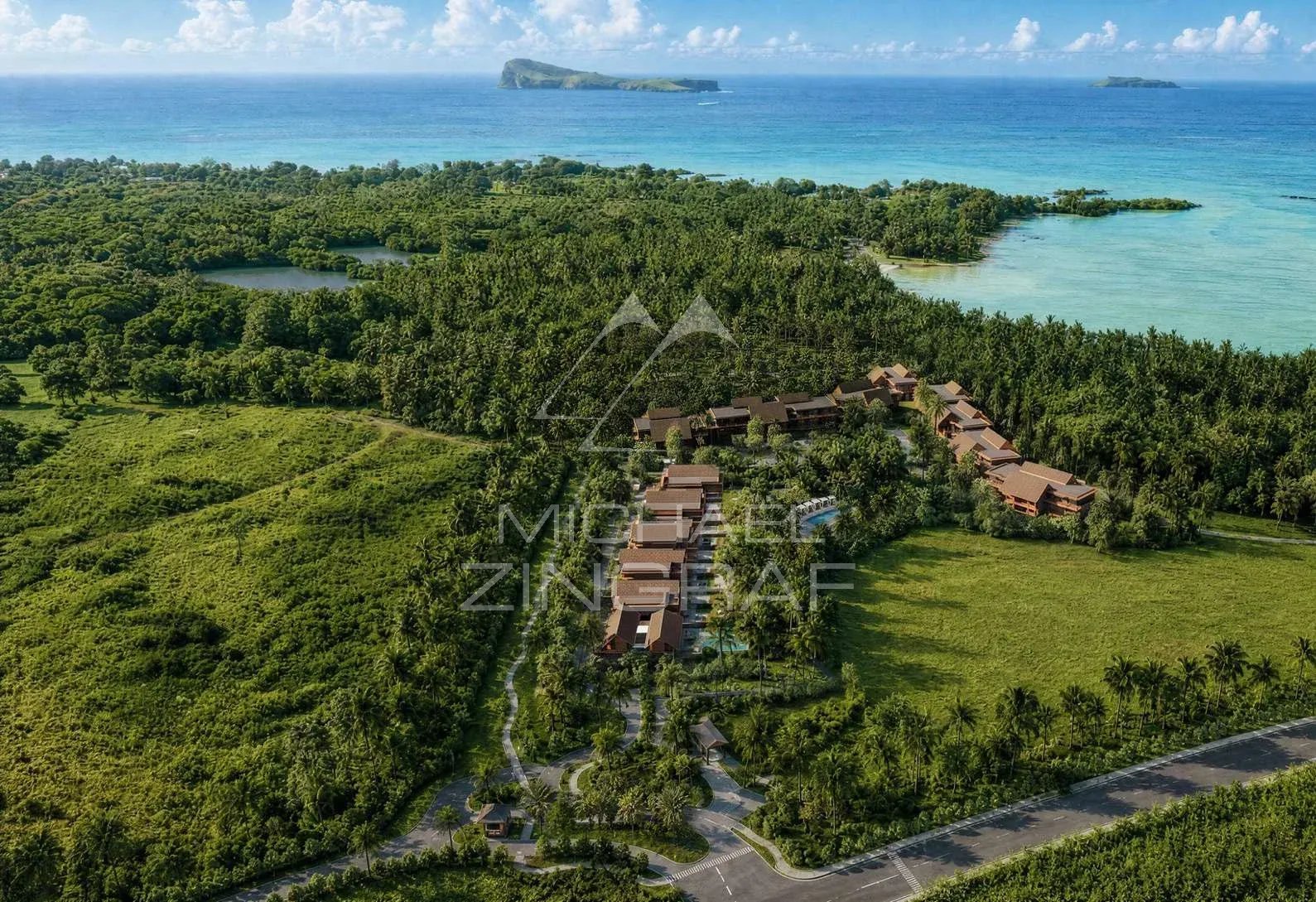 Vue aérienne des villas de prestige à Anse La Raie, Île Maurice, entourées de nature.