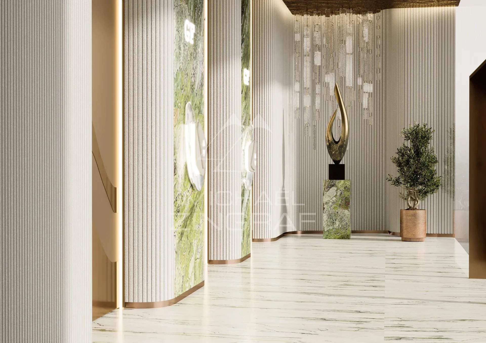Intérieur d'un duplex de luxe à Dubaï avec des colonnes et une décoration moderne.