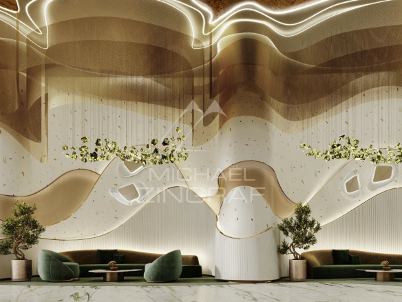 Intérieur d'un duplex de luxe à Dubaï avec des murs ondulés et des canapés élégants.