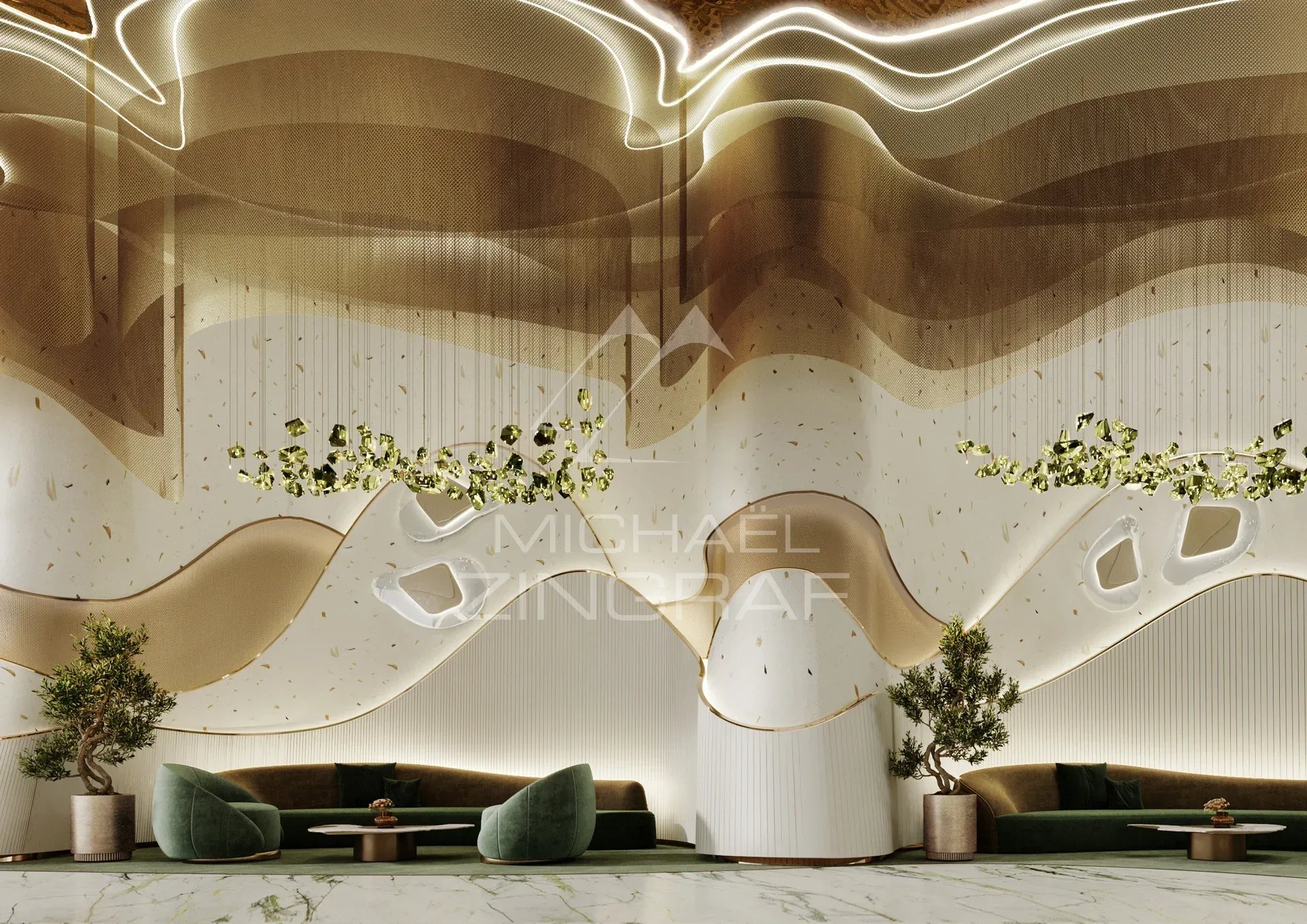 Intérieur d'un duplex de luxe à Dubaï avec des murs ondulés et des canapés élégants.