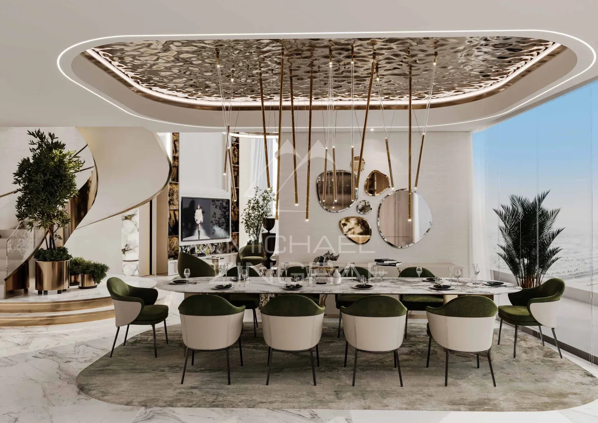 Salle à manger moderne dans un duplex de luxe à Dubaï, avec des chaises élégantes et un plafond décoratif.