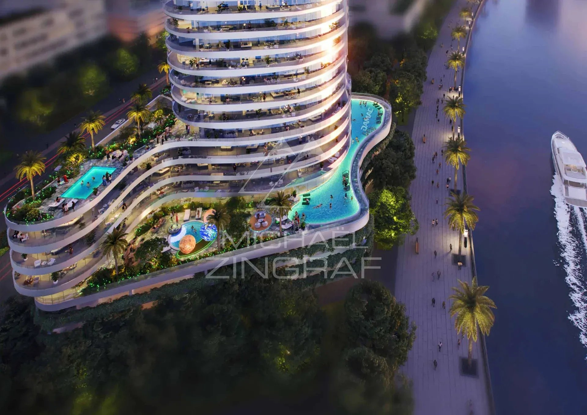 Vue aérienne d'un duplex de luxe à Dubaï avec piscine et espaces verts.