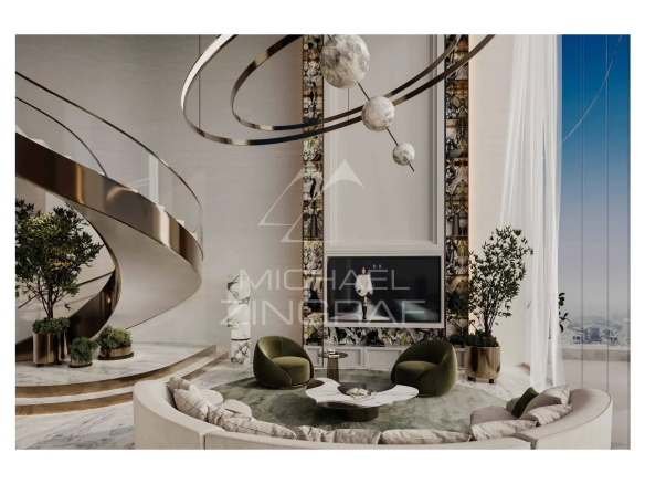 Intérieur d'un duplex de luxe à Dubaï avec un grand séjour et des éléments de design contemporain.