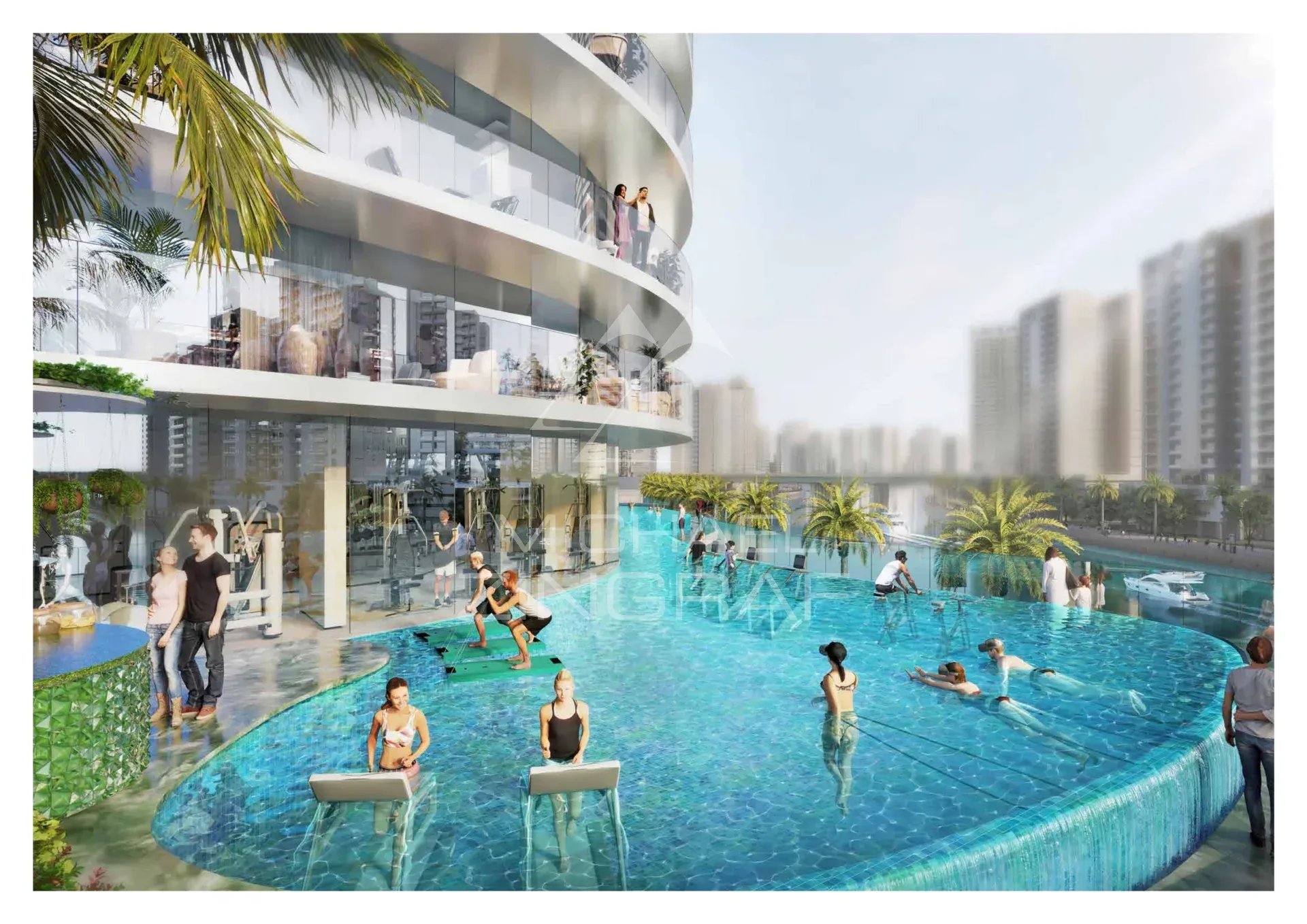 Vue d'une piscine à débordement dans un complexe résidentiel moderne à Dubaï, avec des personnes qui nagent et s'entraînent.