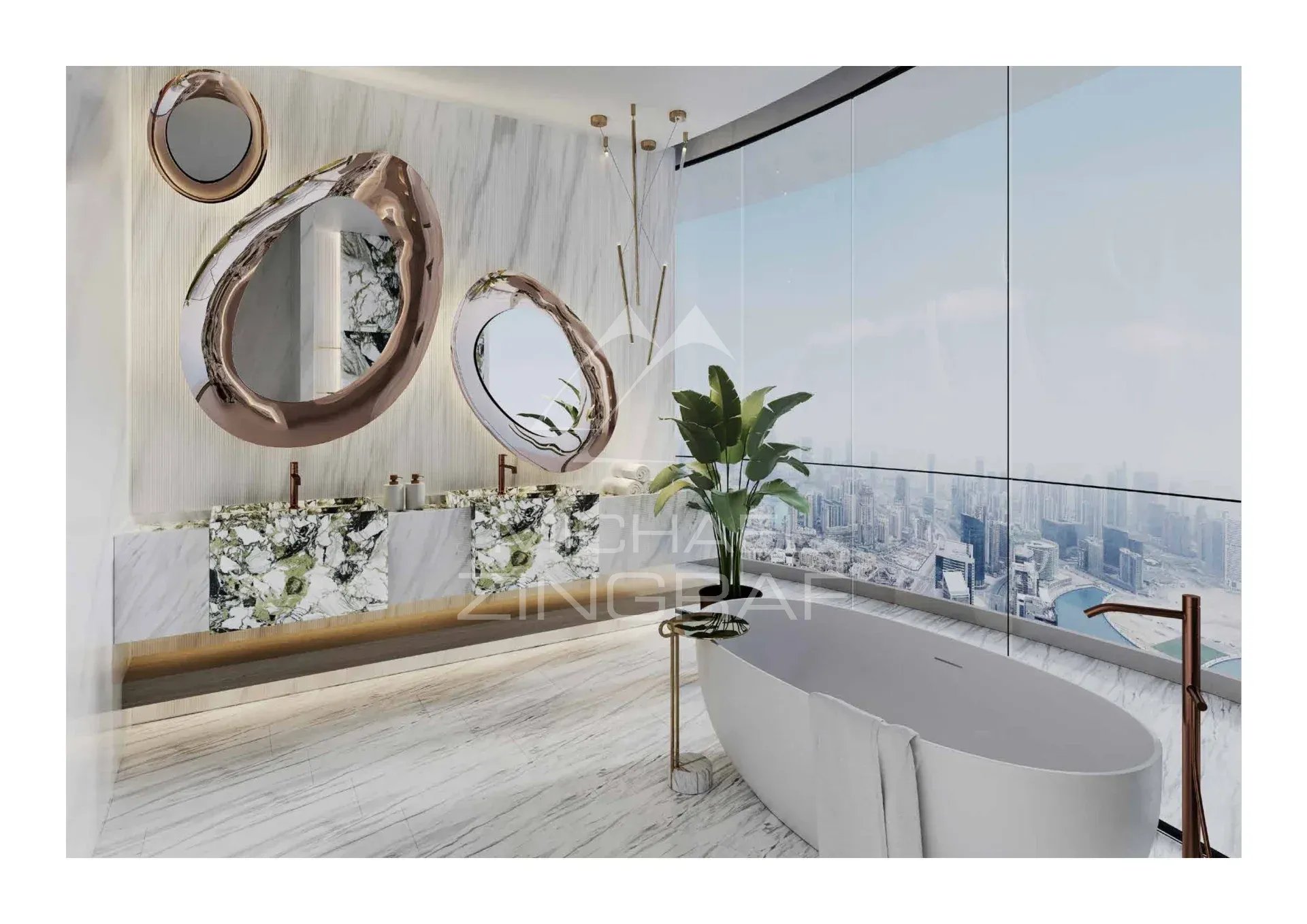 Salle de bain d’un duplex à Dubaï Salle de bain moderne avec baignoire et vue sur la ville à Dubaï.