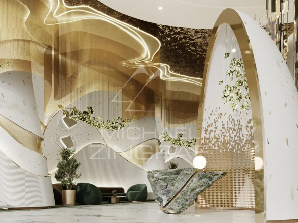 Intérieur d'un duplex à Dubaï avec des éléments architecturaux modernes et élégants.