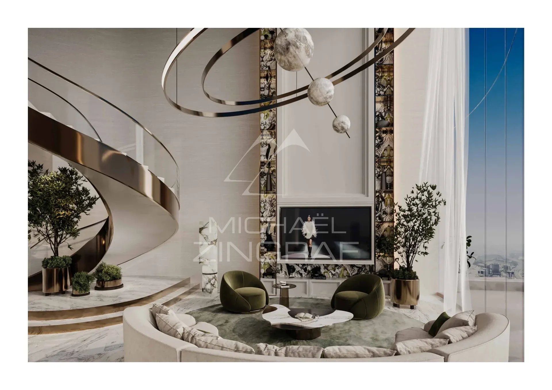 Duplex d’exception à Dubaï Intérieur d'un duplex à Dubaï avec un grand séjour lumineux et une décoration moderne.