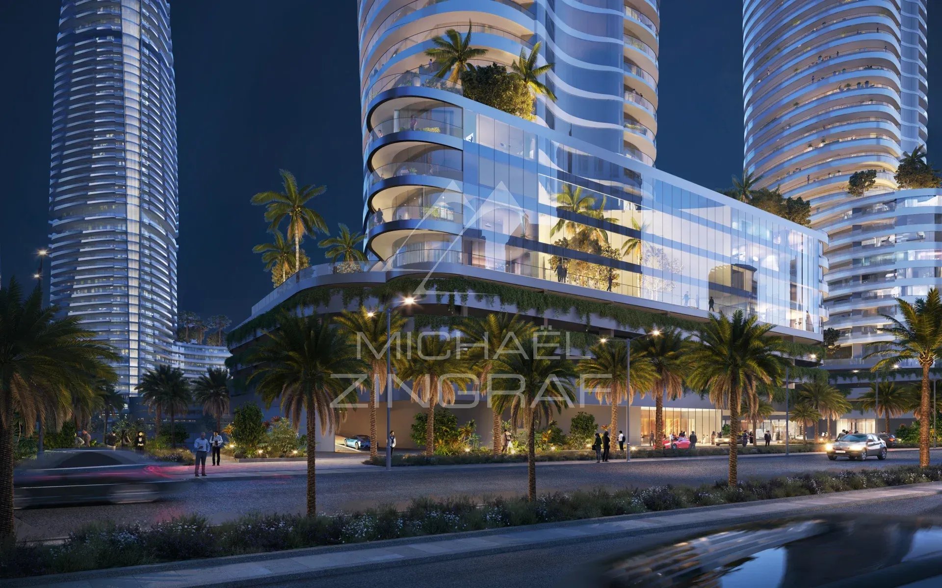 Duplex de prestige à Dubaï, vue nocturne de la résidence avec palmiers et éclairage moderne.