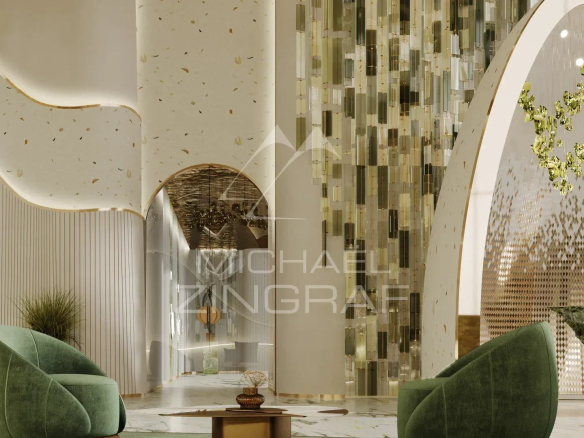 Intérieur d'un duplex de luxe à Dubaï avec un design contemporain et une lumière naturelle abondante.