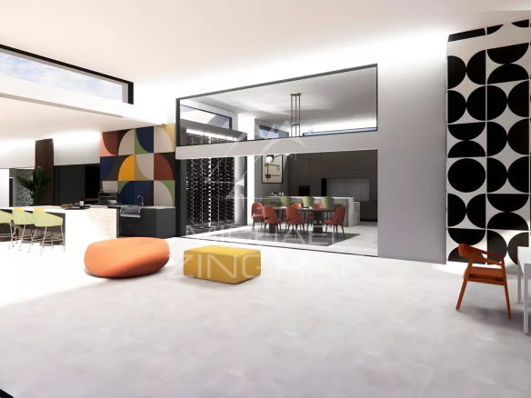 Intérieur moderne d'une villa avec salon, cuisine et salle à manger à Grand Baie.