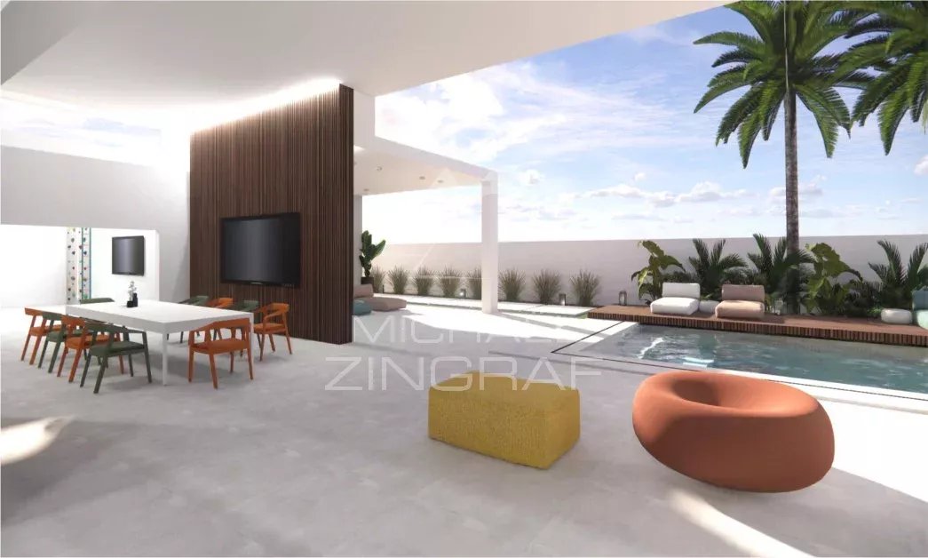 Villa moderne à Grand Baie Intérieur d'une villa moderne avec piscine privée à Grand Baie, mobilier contemporain et espace de vie extérieur.