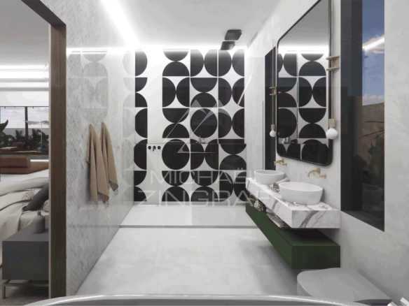 Salle de bain moderne avec carrelage noir et blanc, vasques sur meuble vert, et éclairage LED.