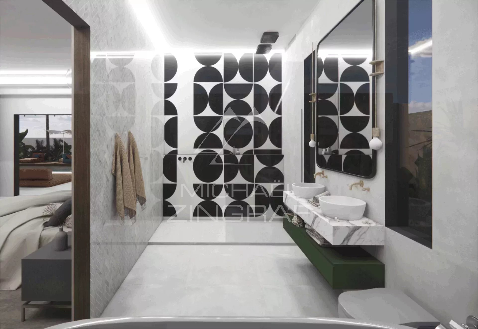 Salle de bain de la villa LENI à Grand Baie Salle de bain moderne avec carrelage noir et blanc, vasques sur meuble vert, et éclairage LED.