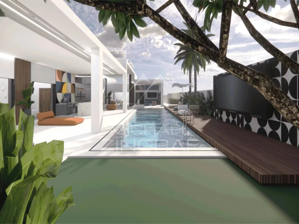 Vue de la villa LENI avec piscine privée et espaces extérieurs à Grand Baie.