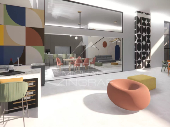 Intérieur moderne d'une villa avec salon, salle à manger et cuisine ouverte à Grand Baie.