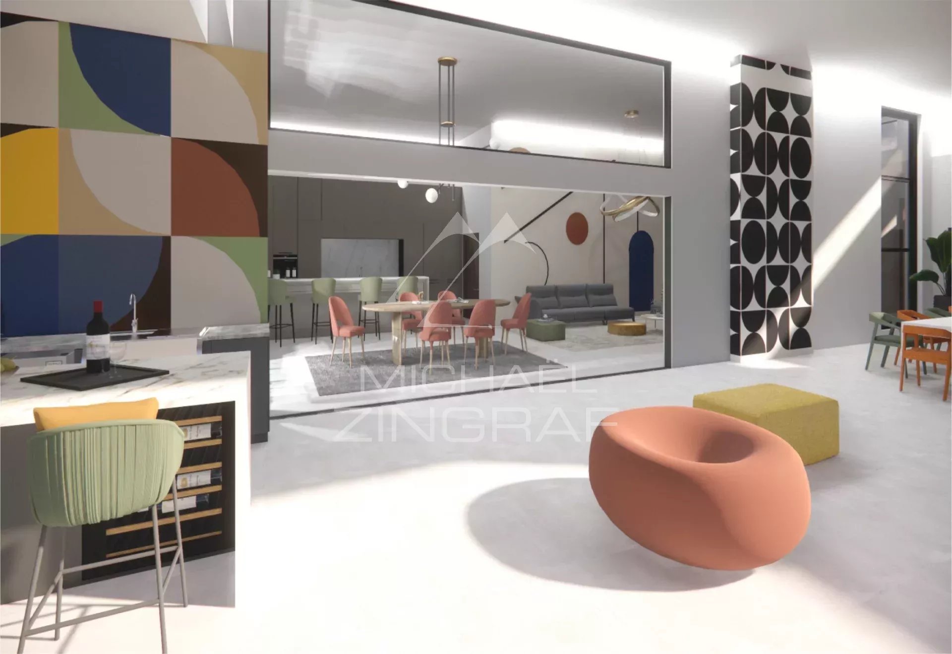 Intérieur d’une villa à Grand Baie Intérieur moderne d'une villa avec salon, salle à manger et cuisine ouverte à Grand Baie.