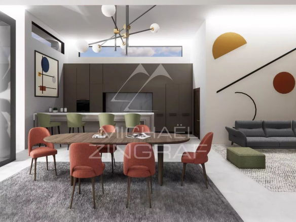Intérieur moderne d'une villa avec salle à manger, cuisine et salon à Grand Baie.