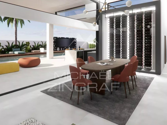 Intérieur moderne d'une villa avec salle à manger et vue sur la piscine à Grand Baie.