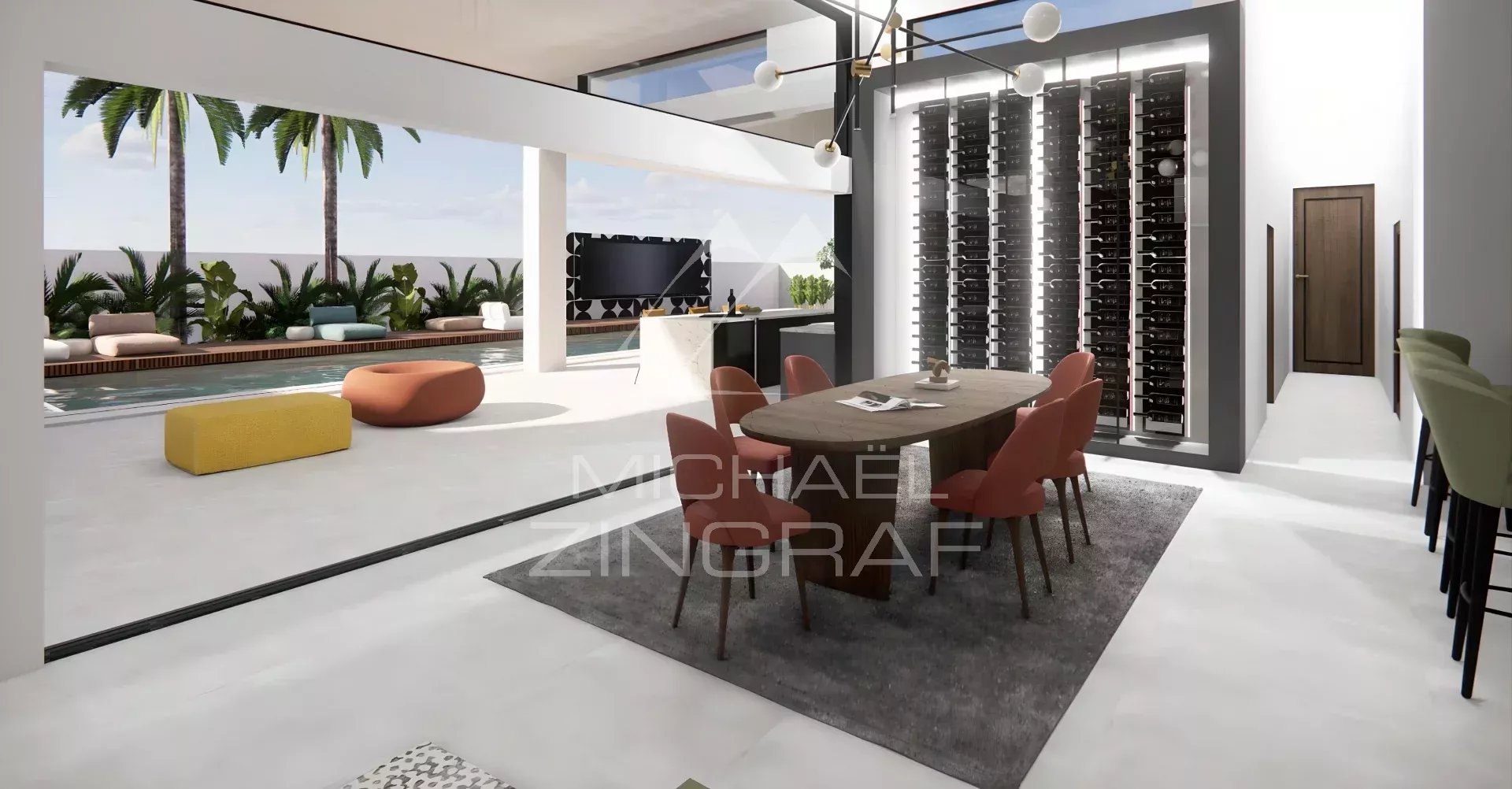 Intérieur de la villa LENI à Grand Baie Intérieur moderne d'une villa avec salle à manger et vue sur la piscine à Grand Baie.