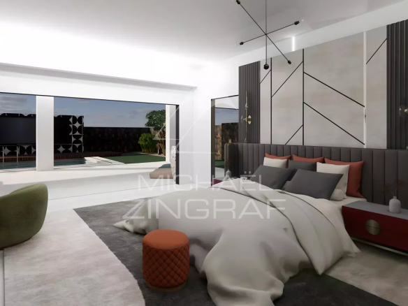 Intérieur d'une villa moderne avec un lit, des fenêtres et un espace de vie lumineux.