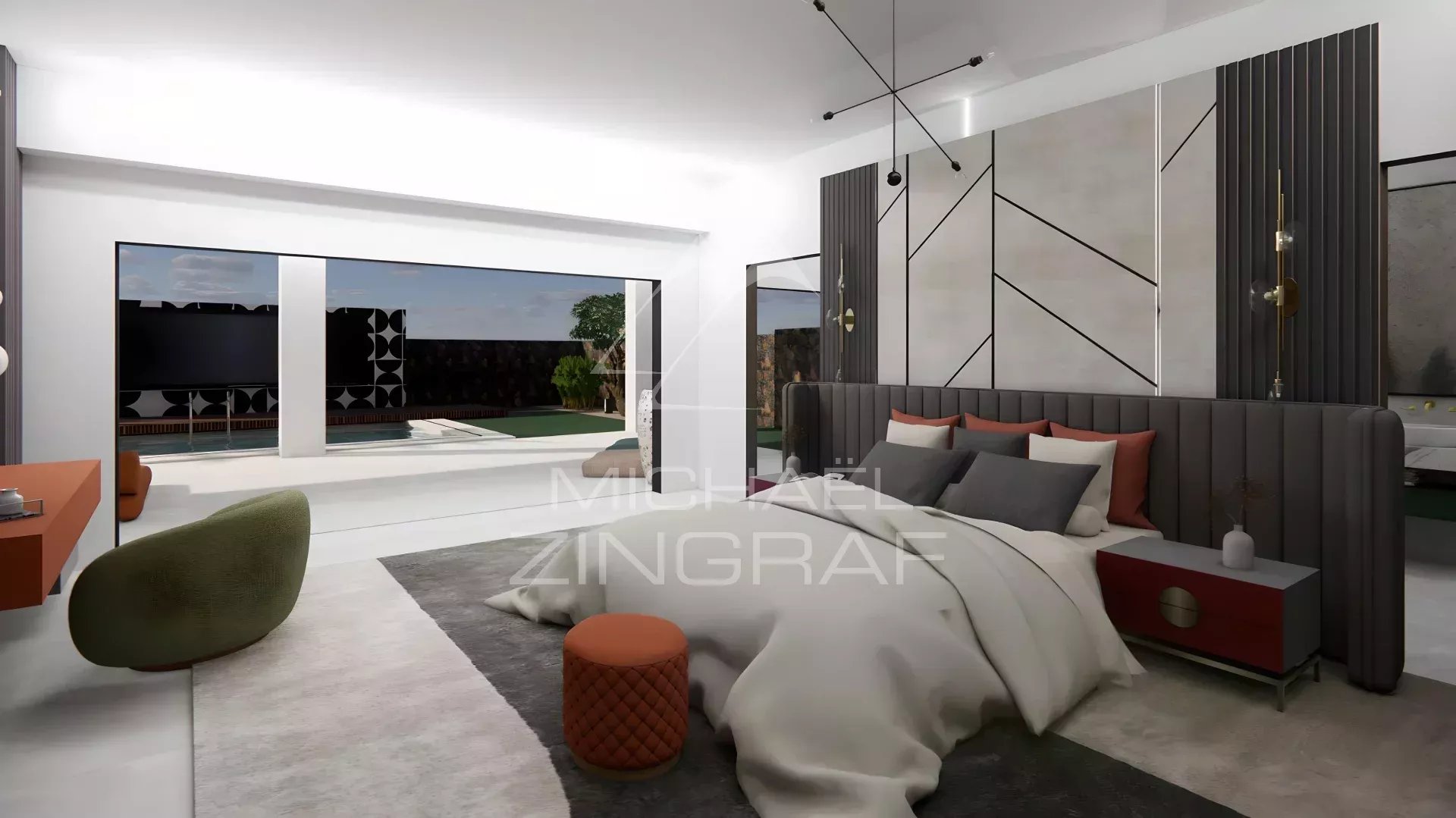 Intérieur de la villa LENI à Grand Baie Intérieur d'une villa moderne avec un lit, des fenêtres et un espace de vie lumineux.