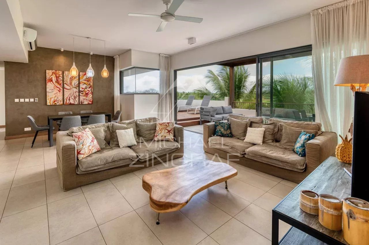 Contemporary penthouse in Mont Choisy Interior of a contemporary penthouse with views of nature, bright living room and modern furniture.