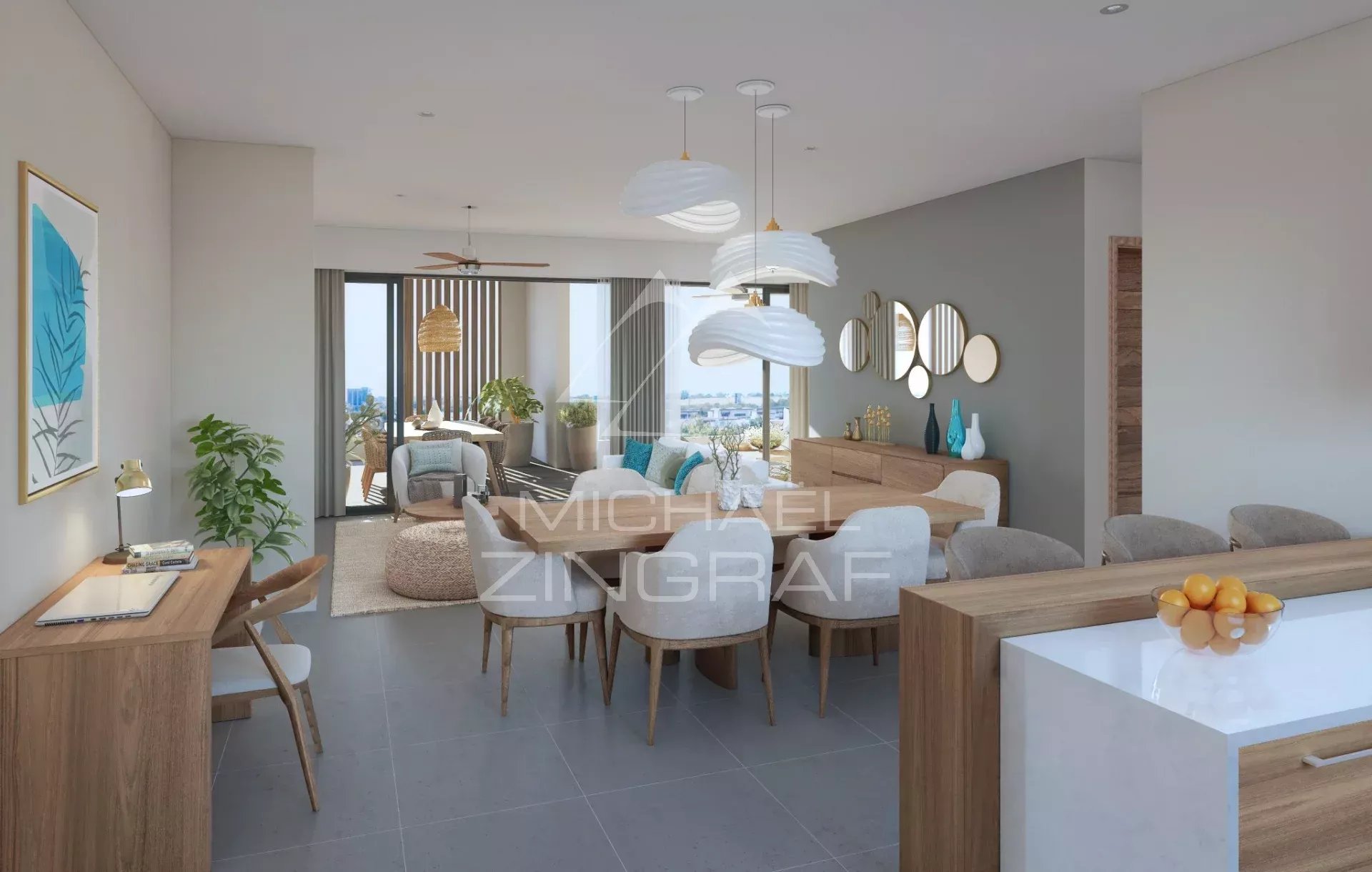 Exceptional Penthouse in Grand Baie Interior of a modern penthouse with living room, dining room and open kitchen in Grand Baie.