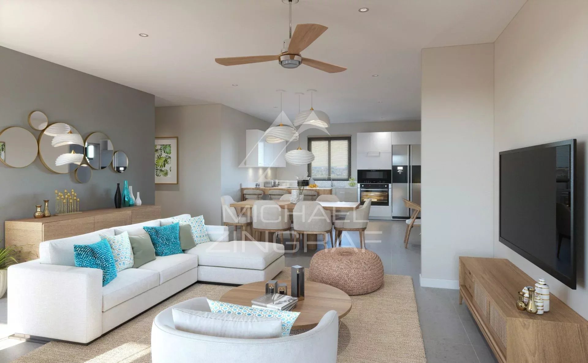 Exceptional Penthouse in Grand Baie Modern interior of a penthouse with spacious living room and open kitchen in Grand Baie.