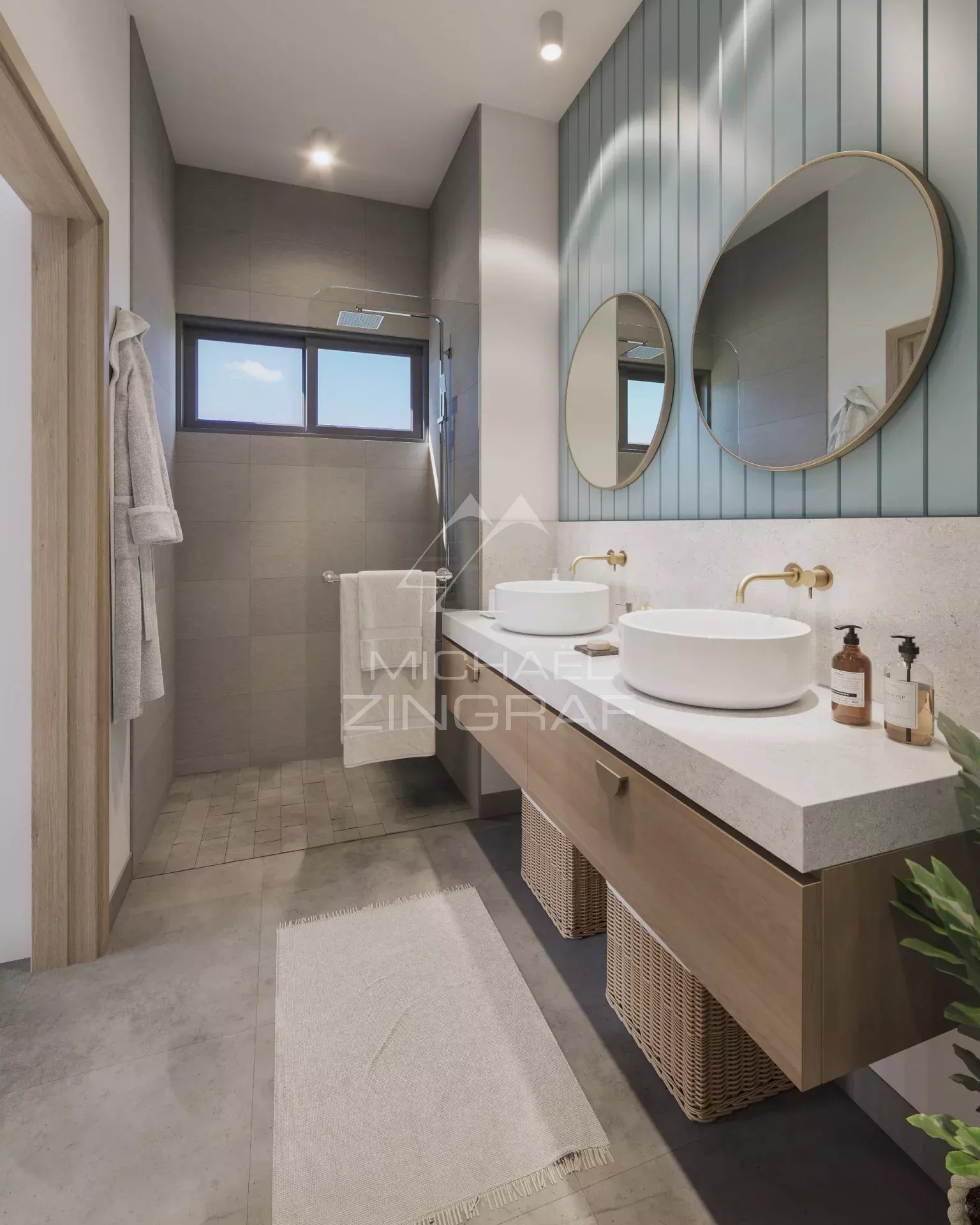 Bathroom of a penthouse in Grand Baie Modern bathroom with two sinks and shower in a penthouse in Grand Baie.