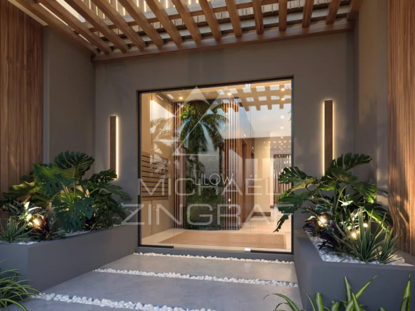 Entrance to a modern penthouse with plants and subtle lighting in Grand Baie.