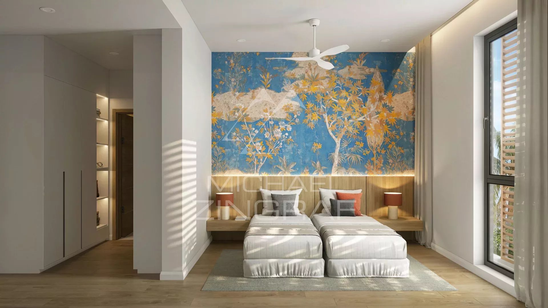 Chambre élégante à Balaclava Chambre d'appartement moderne avec un mur décoratif floral à Balaclava.