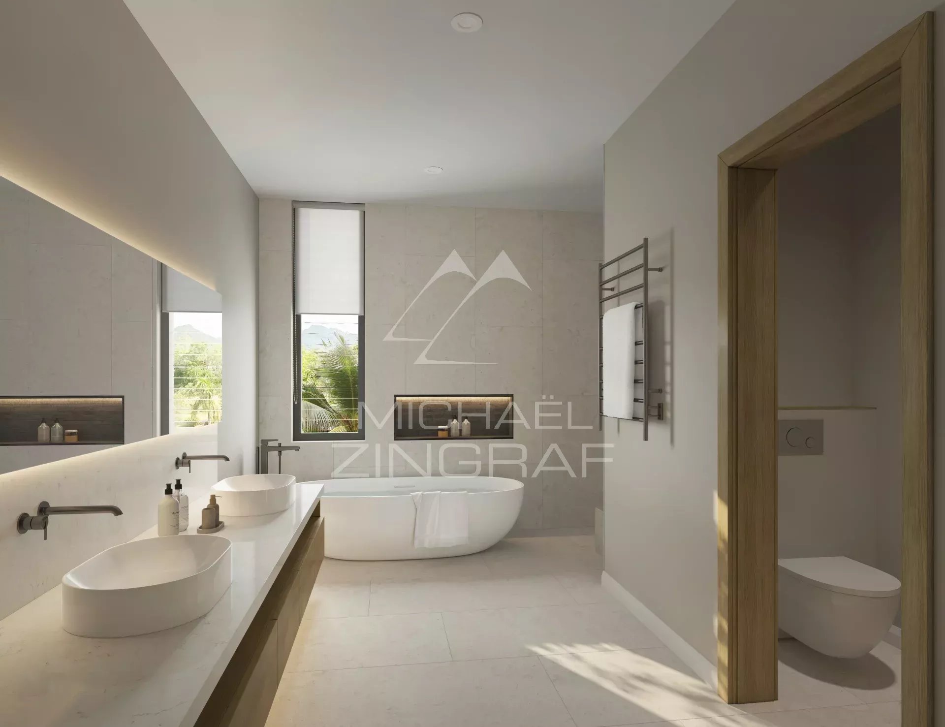 Salle de bain d’un appartement à Balaclava Salle de bain moderne avec baignoire et double vasque dans un appartement.