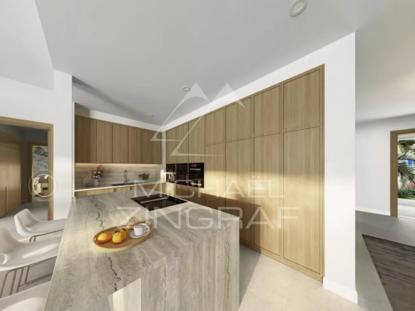 Cuisine moderne avec îlot central et finition en bois dans un appartement à Balaclava.