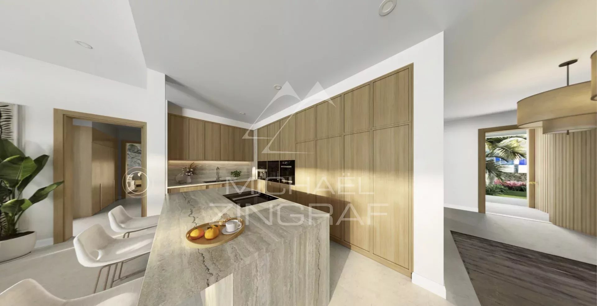 Cuisine élégante à Balaclava Cuisine moderne avec îlot central et finition en bois dans un appartement à Balaclava.