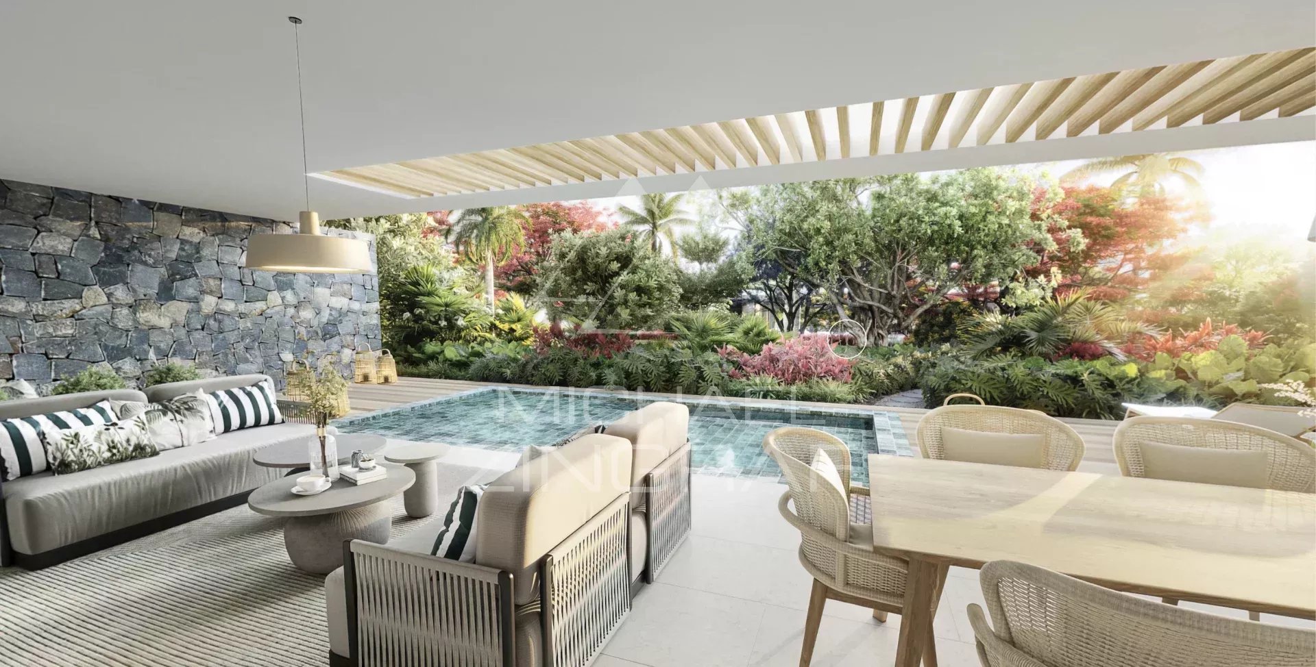 Terrasse d’appartement à Balaclava Terrasse d'un appartement moderne avec piscine et jardin tropical à Balaclava.