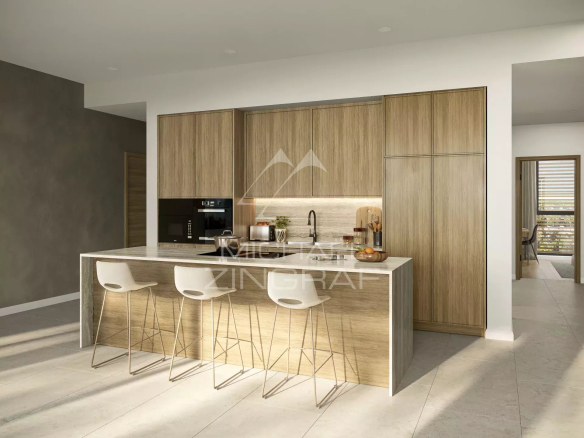 Cuisine moderne avec îlot central dans un appartement à Balaclava.