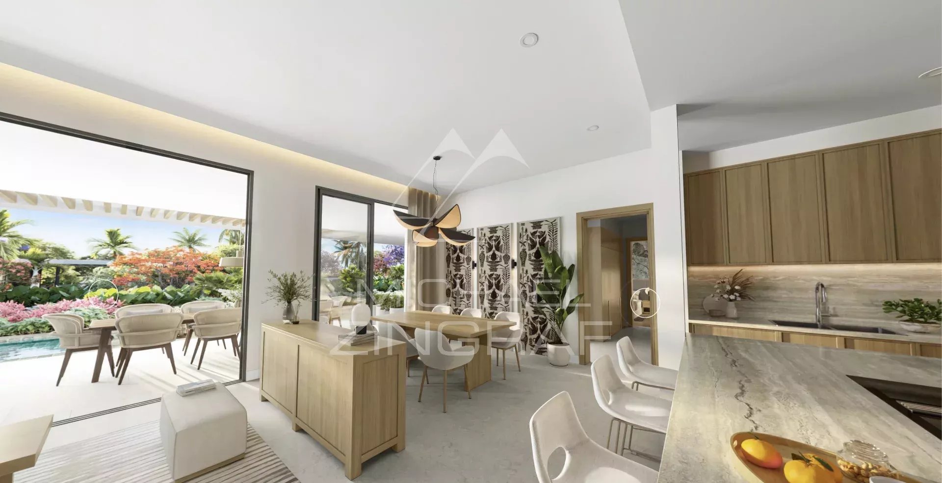 Appartement moderne à Balaclava Intérieur d'un appartement moderne avec cuisine et salle à manger, vue sur un jardin tropical à Balaclava.